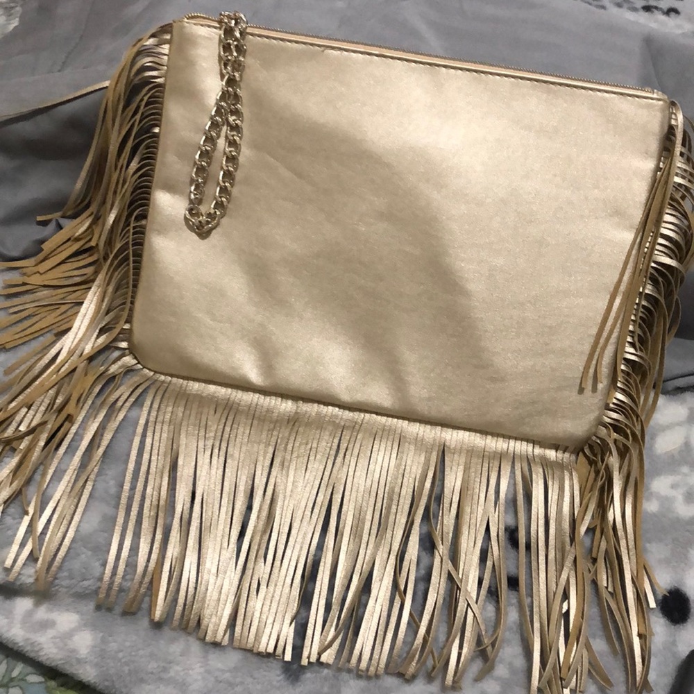 Gold fringe zipper wristlet